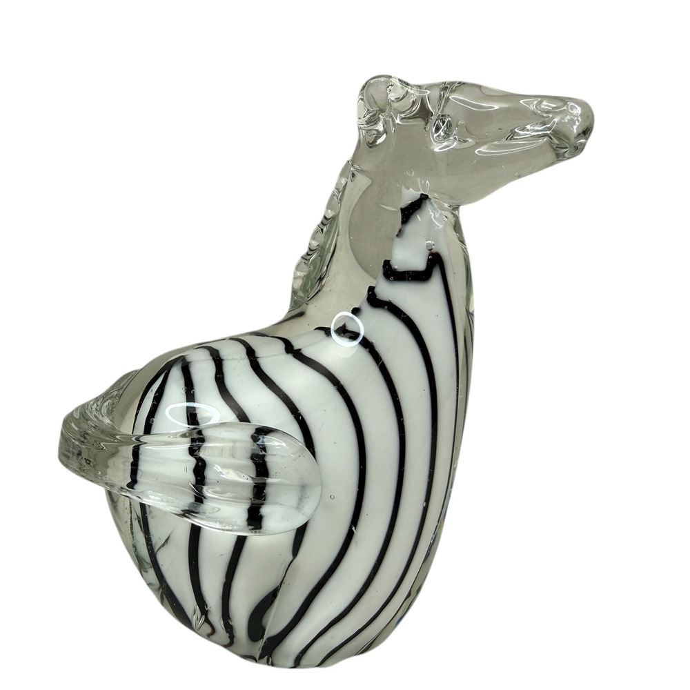 Murano Style Glass Hand Blown Art Glass Striped Zebra Paperweight Figurine 4.25H